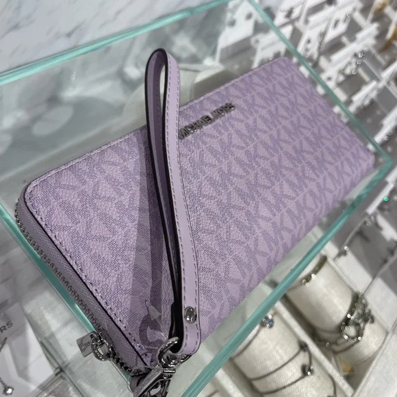 MICHAEL KORS Jet Set Large Signature Logo Continental Wallet Wristlet Lt Quartz - Picture 13 of 16